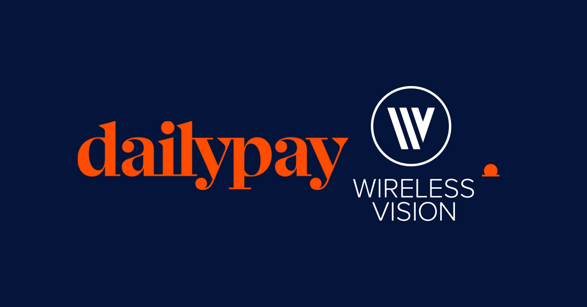 The image features two logos on a dark blue background. On the left, the "dailypay" logo is in orange lowercase letters. On the right, the "WIRELESS VISION" logo includes a stylized "WV" in a white circle, with the text "WIRELESS VISION" below it in white uppercase letters.