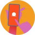 Illustration of two hands holding and interacting with a smartphone, with a red screen displaying an icon of a person, set against an orange circular background.