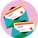 Two blue envelopes each containing a check of $1,000 on a pink circular background.