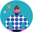 Illustration of a person with pink skin wearing a polka dot shirt and blue earrings against a teal background with stars.