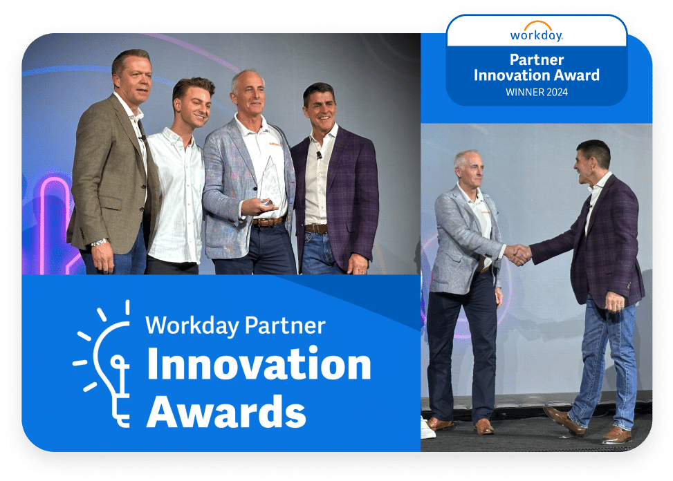 Five men in business attire stand on stage at the Workday Partner Innovation Awards; one holds a trophy, another shakes hands. A banner indicates “WINNER 2024.”.