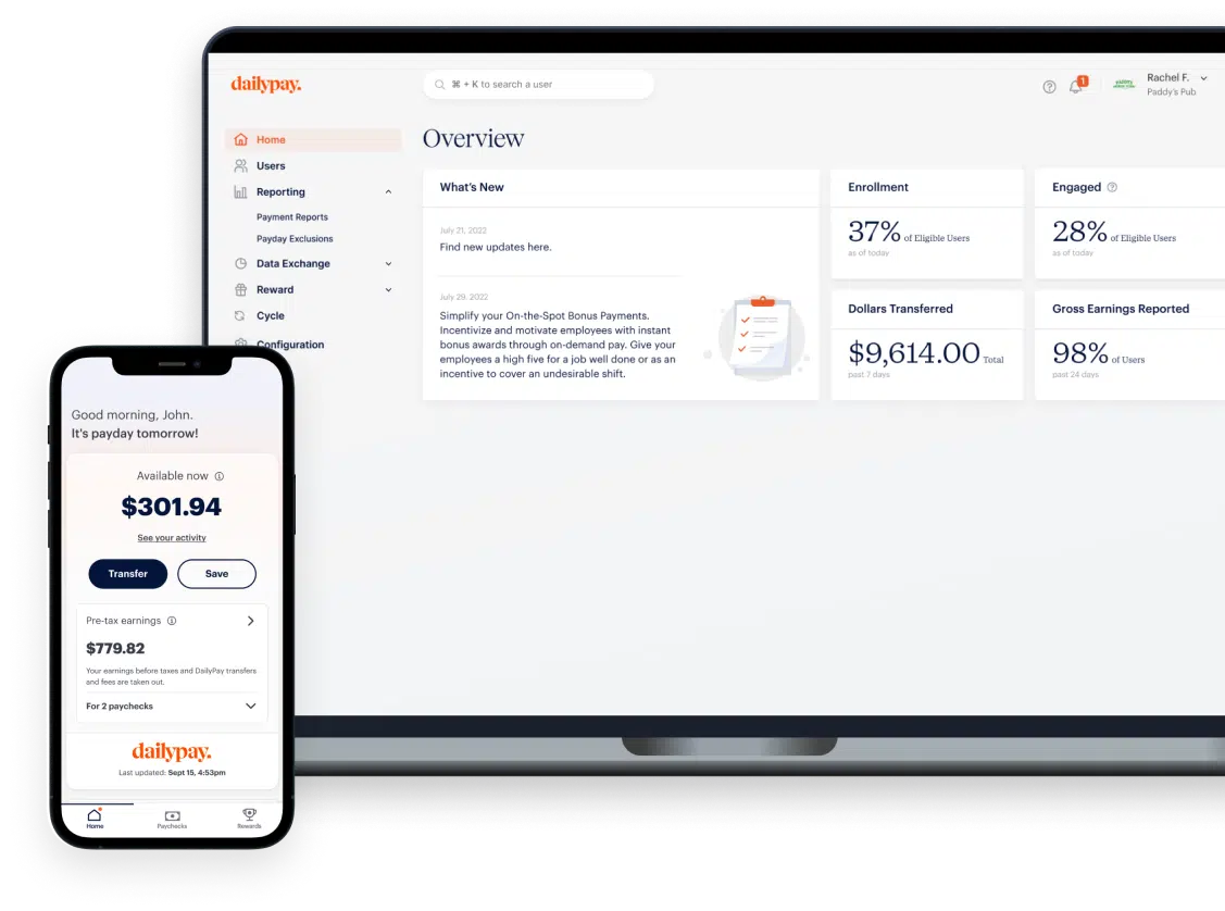 A smartphone and a computer screen display the DailyPay app's features, including available pay, transfer amount, and employee statistics such as enrollment and engagement rates.